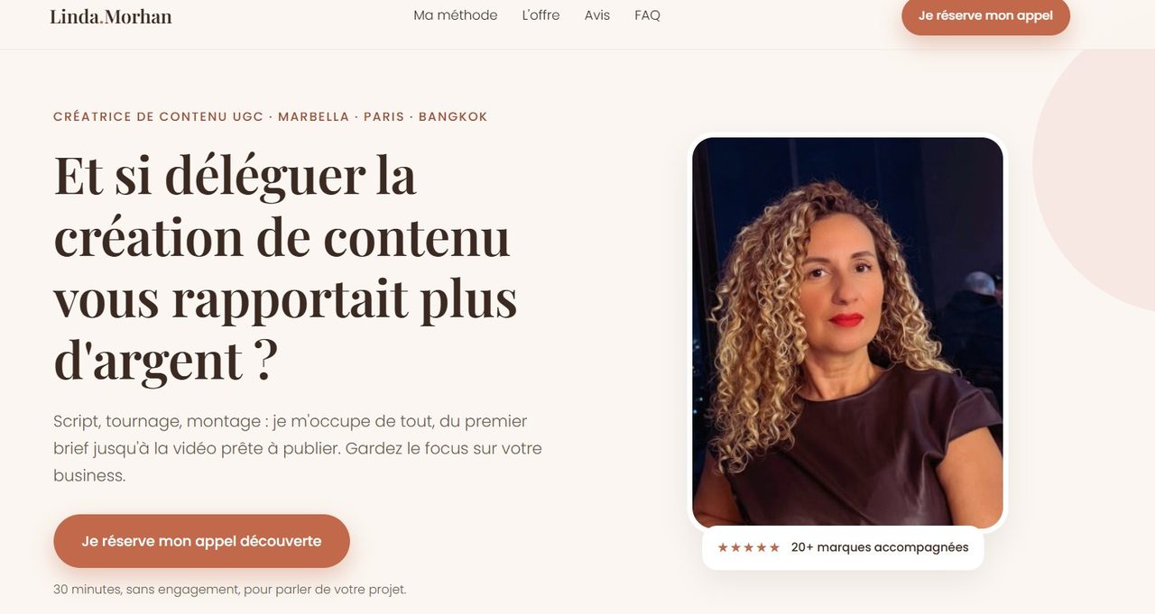 Aperçu de la landing page de Linda, créatrice UGC